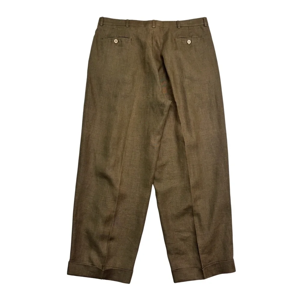 vtg 90s Brown Linen Pants 38x30 High Waisted Pleated Cuffed Relaxed Trousers